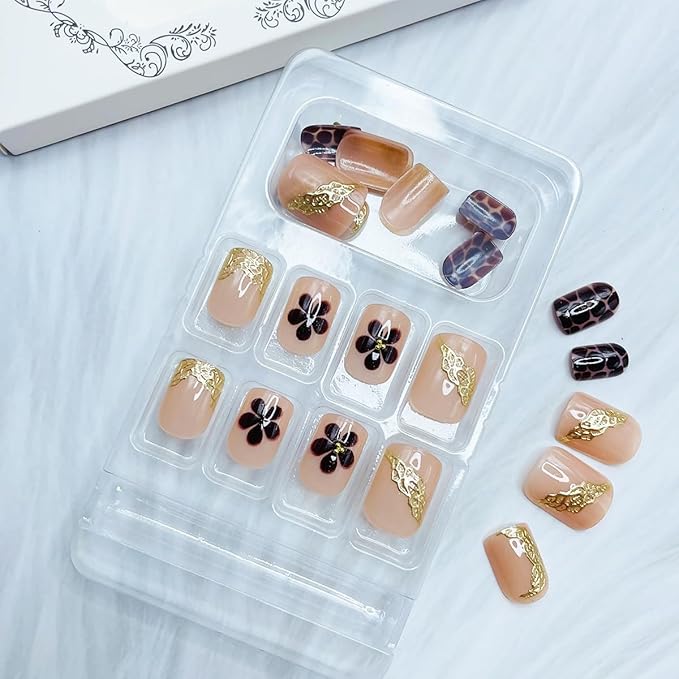 24Pcs Chrome Gold French Tip Press on Nails Short Square Fake Nails with 3D Leopard Print Flower Design Glossy Gilding Acrylic Nails Glue on Nails Coffin Nail Tips Full Cover False Nails for Women
