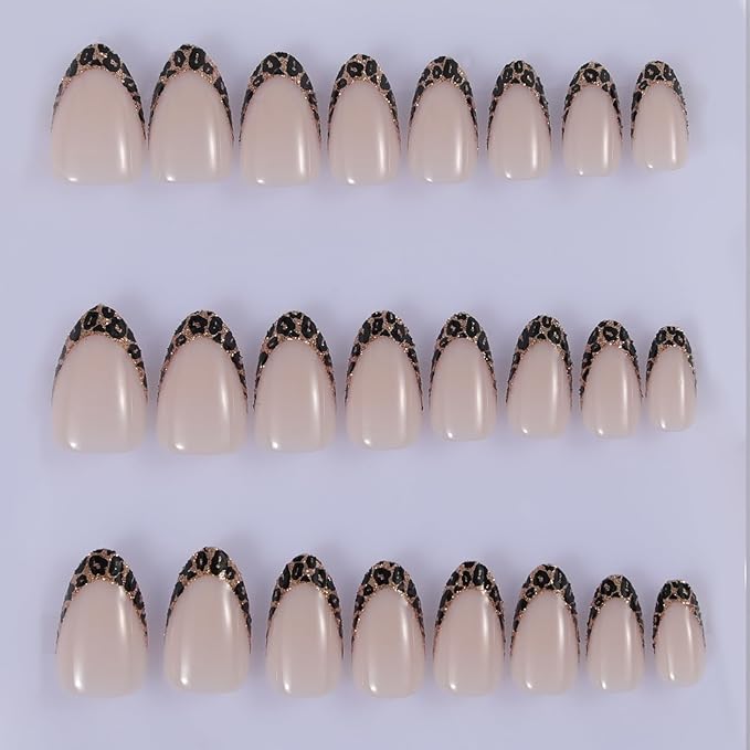 Nude Leopard French Tip Press On Nails Almond, Glossy Soft Gel Fake Nails with Nail Glue, 12 Sizes – 24PCS Thick Natural Reusable Glue On Nails for Women