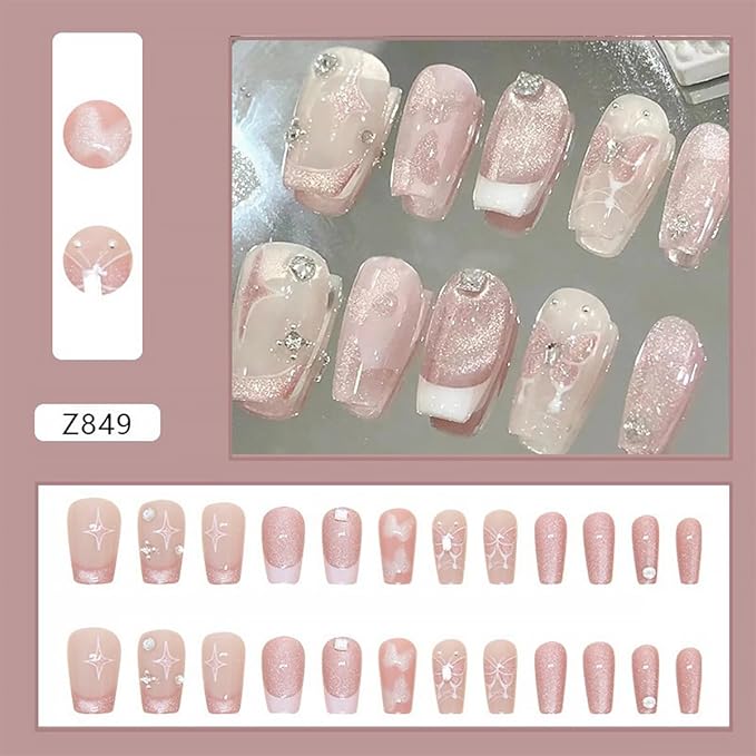 24Pcs Pink Press on Nails Short Coffin Fake Nails Butterfly Star with Rhinestones Design Full Cover Glue on Nails Artificial French Tip False Nails Glitter Stick on Nails for Women Girls Acrylic Nail