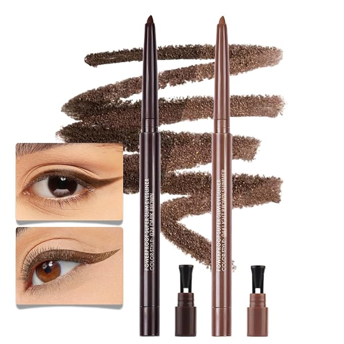 Kaely 2Pcs Dark Brown Light Brown Shimmer Gel Eyeliner Pencil, Smooth Eye Liner Waterproof Smudge Proof, Built in Sharpener, Long Lasting Eye Makeup, Vegan & Cruelty-Free, 02+04