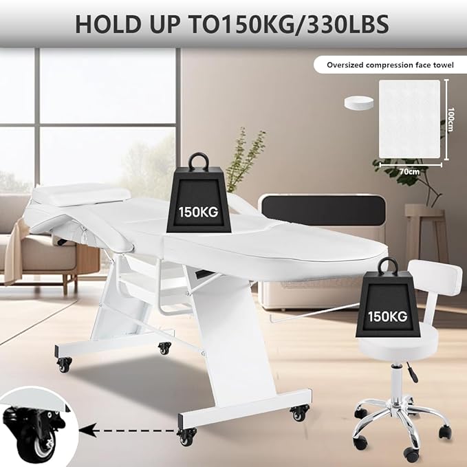 Facial Chair with Wheels Tattoo Chair 73inch Adjustable Tattoo Bed for Client Massage Table with Stool Massage Table Facial Bed for Spa Beauty Esthetician White