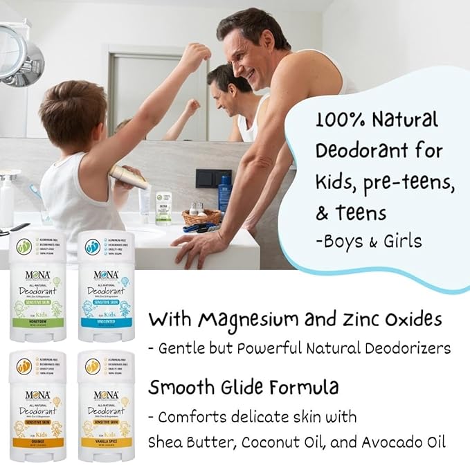 MONA Brands UNSCENTED All Natural Deodorant for Kids | Safe for Kids, Preteens, Teens, Boys and Girls | Baking Soda Free, Aluminum Free, Vegan (2-PK UNSCENTED 1.76 Oz each)