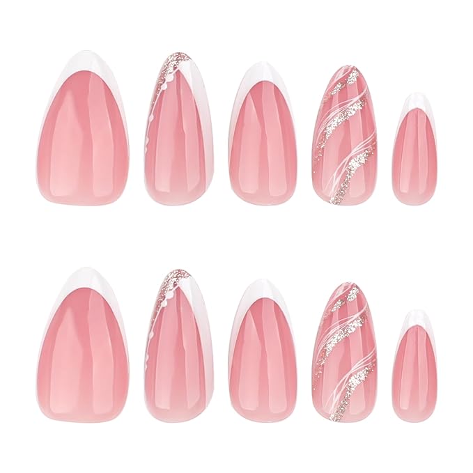 White French Tip Press On Nails Short Almond, Rose Gold Tip Designer Reusable Acrylic Fake Nails with Glue On Nails, Glossy Soft Gel Nails Wedding and Party, Stick On Nails for Women Gift