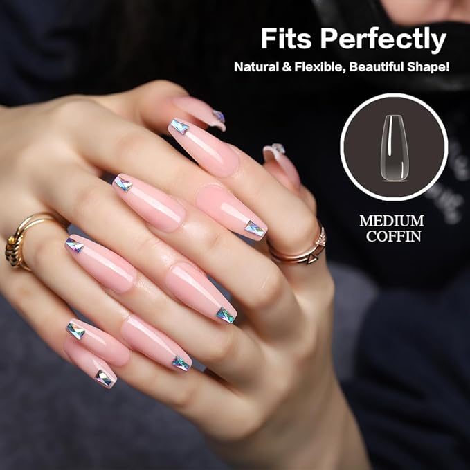 Medium Coffin Nail Tips 504PCS, Clear Acrylic Full Cover Gel Press on Nail Tips for DIY, 12 Sizes Pre-Shaped False Nails with Glossy Finish, Professional Manicure Kit & Easy Application
