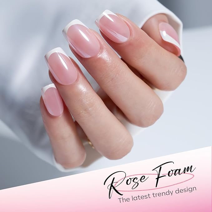 Modelones French Tip Press on Nails Short, Christmas Square Fake Nails, Reusable Nail Kit with Nail Glue Adhesive Tabs Mini Nail File, Nails Press Ons 32Pcs 16Sizes, Women Girl Gift, Chrome French