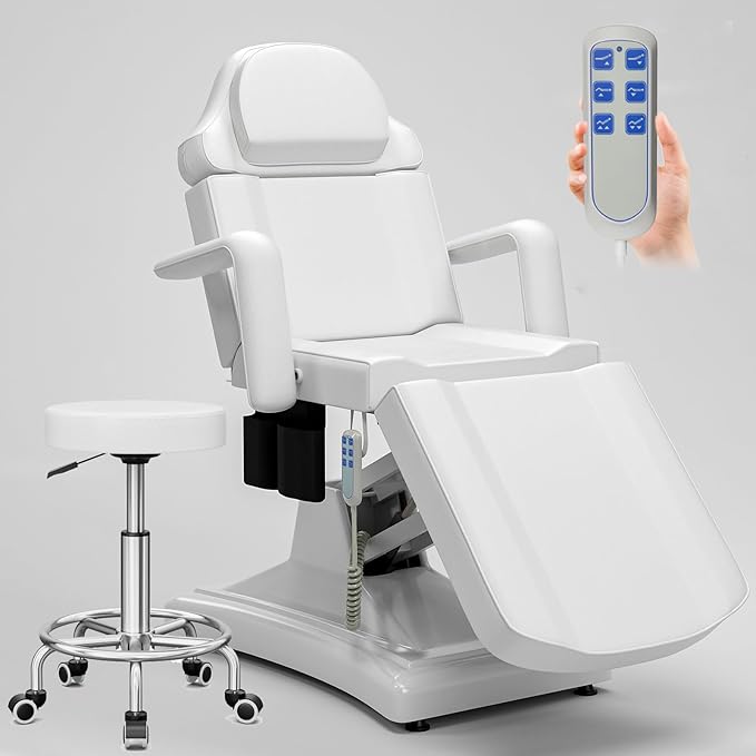 Icoget Fully Electric Tattoo Chair Esthetician Bed for Clients, 3-Motor Adjustable Spa Table Facial Bed for Lashing, Waxing, Professional Aesthetics Chair for Salon, White, Stool Included