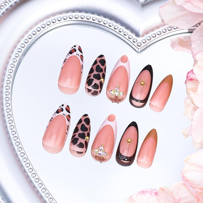 24Pcs French Tip Press on Nails Medium Almond Fake Nails with 3D Rhinestones Designs Fall False Nails Artificial Star Gems Glue on Nail Leopard Print Full Cover French Acrylic Nails for Women