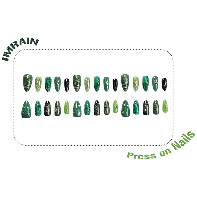 IMRAIN Press on Nails Medium Almond Fake Nails Green Ombre False Nails with Golden Butterfly Designs Full Cover Glossy Stick on Nails for Women Acrylic Nail Decorations Glue on Nails