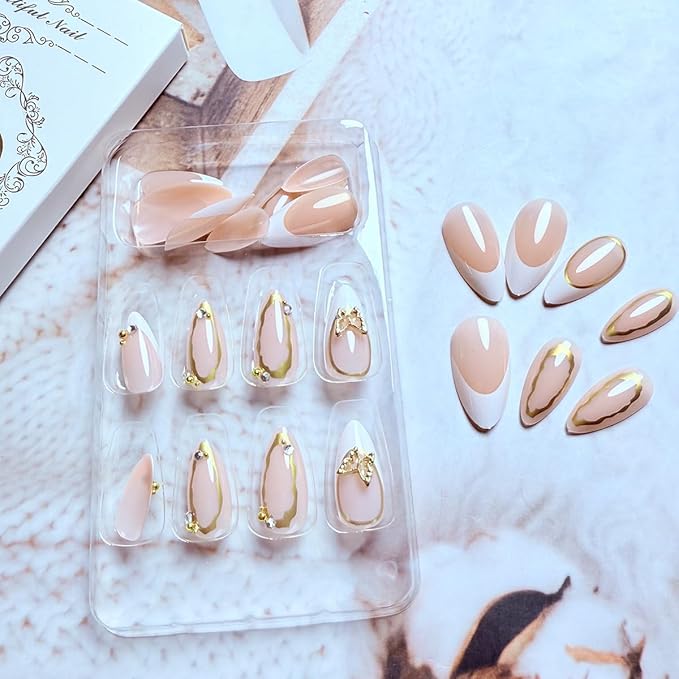 24Pcs Almond Press on Nails Medium French Tip Fake Nails with Gold Line Designs Nude Pink Full Cover Stick on Nails Butterfly Rhinestones False Nails Artificial Nail Tips Glue on Nails for Women Girls