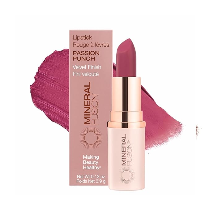 Mineral Fusion Long-Lasting Lipstick, Vivid & Smudge-Free Lip Color with Avocado Oil, Cocoa Seed Butter, Free of FD&C Dyes, Paraben and Gluten, Passion Punch