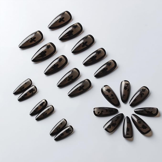 Fall French Tip Press on Nails Medium Almond False Nails with Black Flowers Design Full Cover Glue on Nail Reusable Floral French Tip Acrylic Fake Nails Artificial Stick on Nail for Women