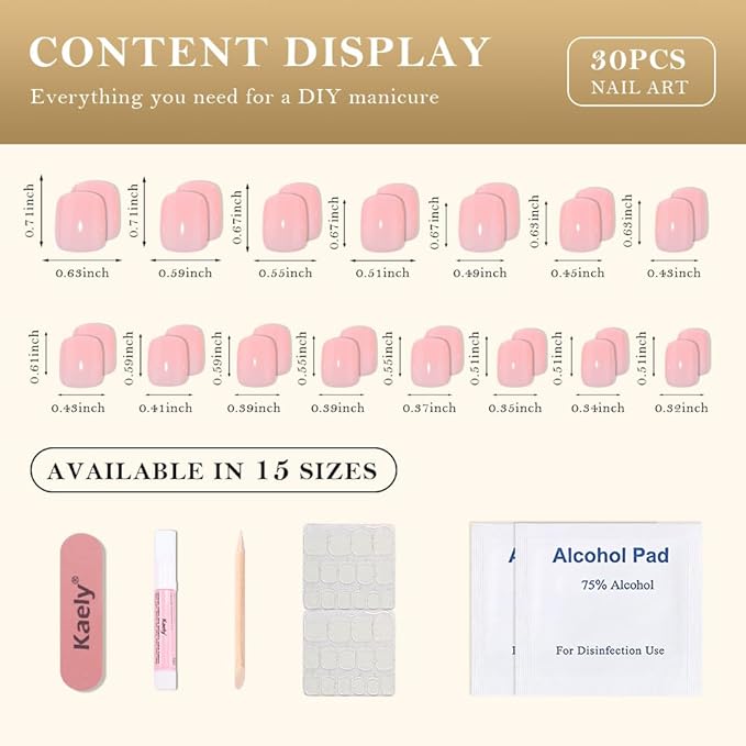 evpct Nude Pink Glossy Press on Nails Short Square, Glossy Pink Fake Nails Summer Reusable, Acrylic False Nail Stick Glue on Press ons for Women Gifts, Durable Perfectly Fit False Nail Kit Glue 30Pcs