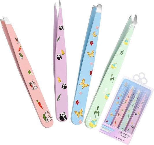 FADLASH Professional Multicolor Tweezers 4Pcs High Precision Stainless Steel Eyebrow Tweezers for Facial Hair, Eyebrow Grooming, Ingrown Hair Splinter Removal Suitable for Women and Men