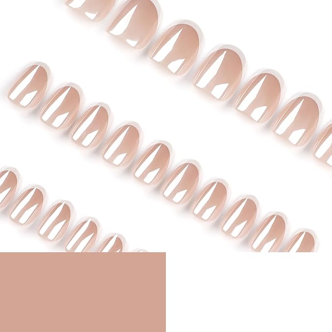 French Press On Nails Short Oval False Nails 30pcs, Nude Chrome Electroplated Stick On Nails with White French Tips, Glossy Reusable Acrylic Fake Nails Kit for Women Girls Wedding Daily