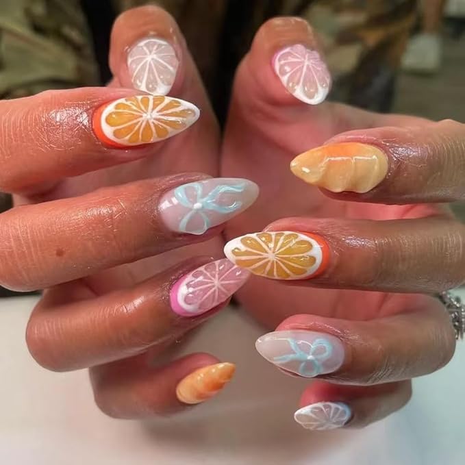 Summer Press on Nails Medium Almond Fake Nails Orange Fruit False Nails with Glossy Acrylic Nails Bow Artificial Nails for Women Girls Manicure Art Decoration 24Pcs