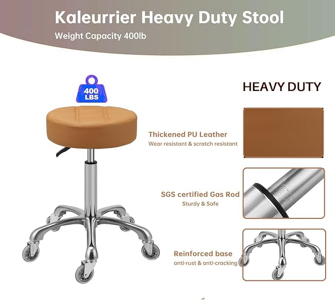 Kaleurrier Adjustable Rolling Stool for Salon: Heavy Duty Swivel Chair with Wheels for Hairdresser Esthetician Lash Tech - Spa Home Office Kitchen Dental Tattoo Shop Use - Seat Height 22”-30” - Camel
