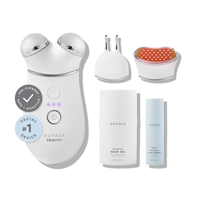 NuFACE TRINITY+ Microcurrent Facial Device, Wrinkle Reducer + Effective Lip & Eye Attachment - FDA Cleared Face Toning Device for Targeted Treatment + Microcurrent Gel Activator & Silk Creme
