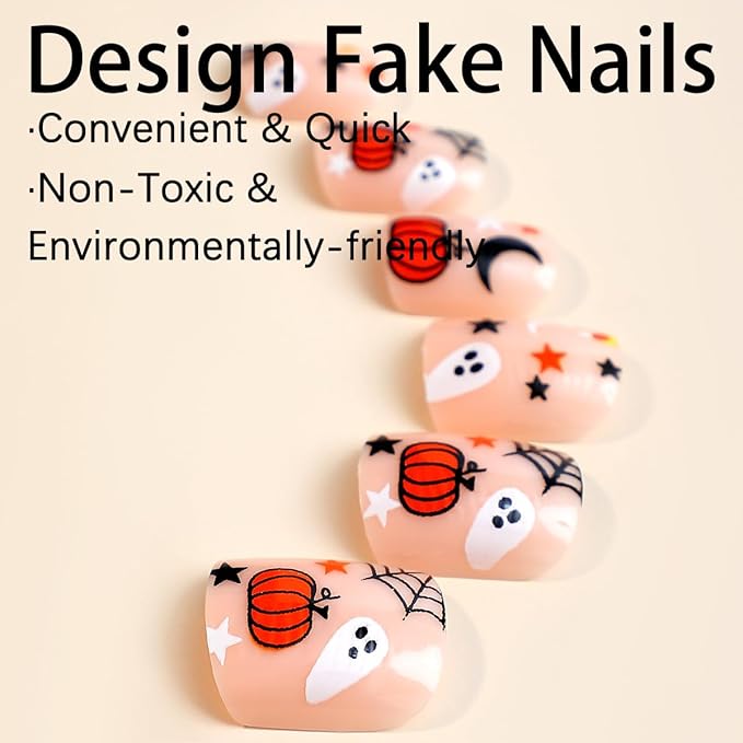 24Pcs Halloween Press on Nails Short Fake Nails Nude Pink Square Acrylic Nails Cute Ghost Full Cover Stick on Nails with Pumpkin Spider Web Bat Design Glue on Nails Art Decorations for Women Girls