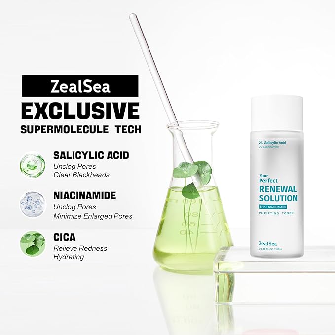 Salicylic Acid Toner, Blackhead Remover, BHA Liquid Exfoliant (CICA, 3.38OZ, Travel Size), ZealSea Pore Minimizer for Face, Gentle Alcohol Free BHA Toner for All Skin with Niacinamide, Redness Relief