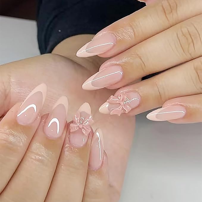 24Pcs Pink French Tip Press on Nails Medium Almond Shaped Fake Nails Cute Bow Charm Design Glue on Nails Reusable Acrylic False Nails Nude Pink Stick on Nails for Women Girls French Stiletto Manicure