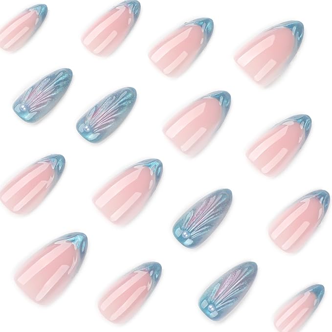 3D French Tips Pearl Press On Nails Almond Short, Mermaid Tail Iridescent Designer Reusable Acrylic Nails Press Ons, Fake Nails With Glue On, Daily Wear Floral False Nails For Women