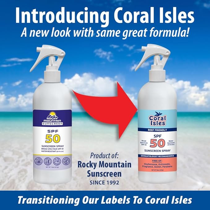 Coral Isles by Rocky Mountain Sunscreen | SPF 50 Spray | Broad Spectrum UVA/UVB Protection | Hawaii Reef-Safe Act Compliant | Oxybenzone & Octinoxate Free | Water Resistant 80 Min. | 16 Fl Oz
