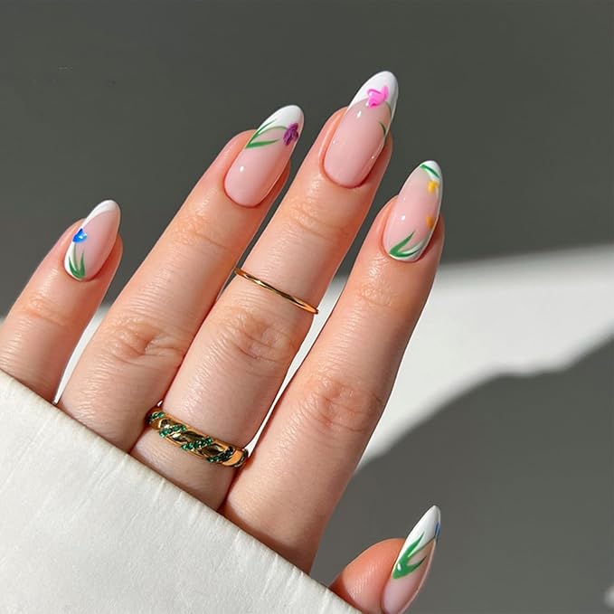 IMRAIN Medium Almond Press on Nails Flower French Tips Fake Nails Glossy Acrylic Nails Press ons with Floral Designs White Nail Kit Spring Summer Glue on Nails for Women 24Pcs