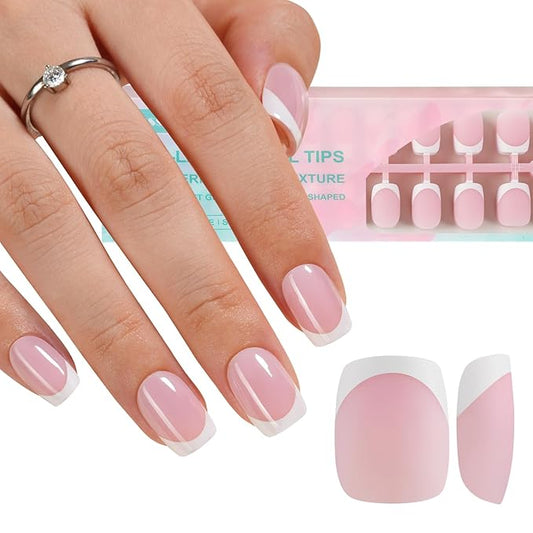Misssix French Gel Nail Tips, 150Pcs French Tip Press on Nails Short Square Pink, No Need to File 3 in 1 Tips Pre-lasting, Gel Fake Nails for Nail Art DIY 15 Sizes