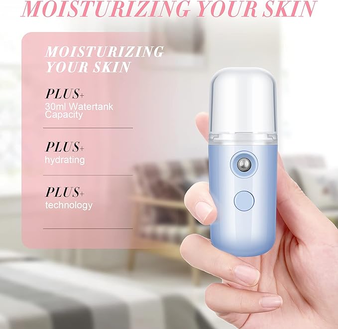 Honoson 2 Nano Facial Mister Sprayer Portable Face Nano Mister for Eyelash Extensions USB Rechargeable 1 oz Handy Skin Care Machine for Face Hydrating, Daily Makeup(White and Blue)