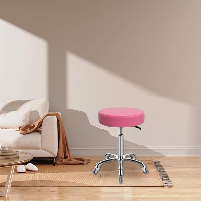 Rolling Stool with Wheels, Heavy Duty 400 lbs Stool for Shop Guitar Lab Tattoo Workbench Medical, Adjustable Swivel Chair (Pink)