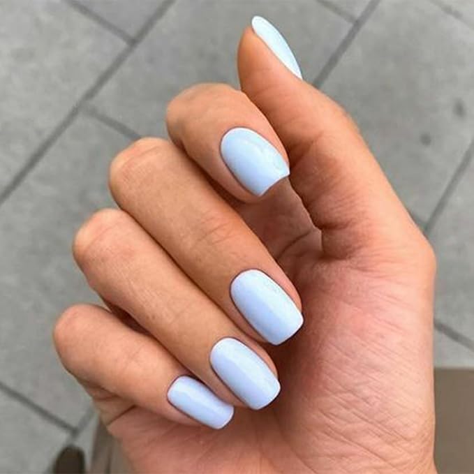 Modelones 32Pcs Baby Blue Press on Nails,Christmas Short Square Fake Nails, Reusable Nail Kit with Nail Glue Adhesive Tabs Mini Nail File, Nails Press Ons 16 Sizes