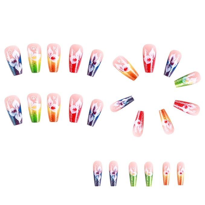 Coffin Press on Nails Medium Colorful French Tip Fake Nails Press ons Flower Glitter Design Glue on Nails Pink Full Cover False Nails Glossy Artificial Acrylic Nails for Girls 24Pcs