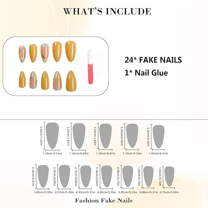 IMRAIN Almond Press on Nails Medium False Nails Yellow Full Cover Acrylic French Glue on Nails Glossy Artificial Stick on False Nails for Women 24Pcs