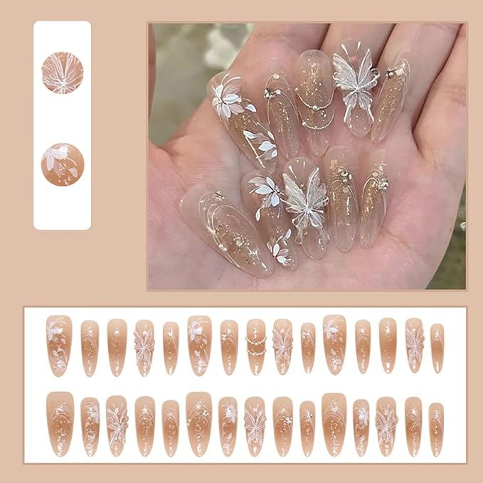 24Pcs Long Press on Nails Almond Fake Nails 3D Pearl Butterfly Glue on Nails White Flower False Nails Gradient Design Nude Artificial Stick on Nails Rhinestones Acrylic Nails for Women Girls Manicure