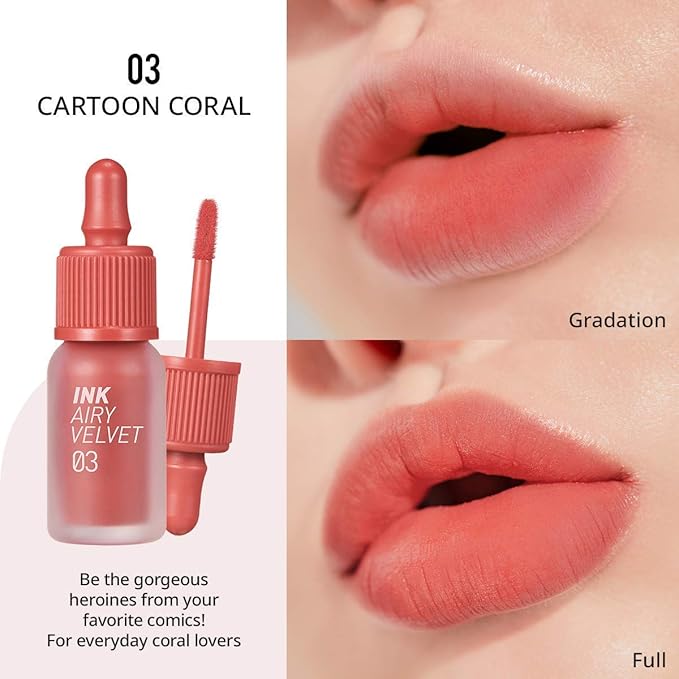 Peripera Ink Airy Velvet Lip Tint | High-Pigmentation, Lightweight, Soft, Moisturizing, Not Animal Tested | Cartoon Coral (#03), 0.14 fl oz