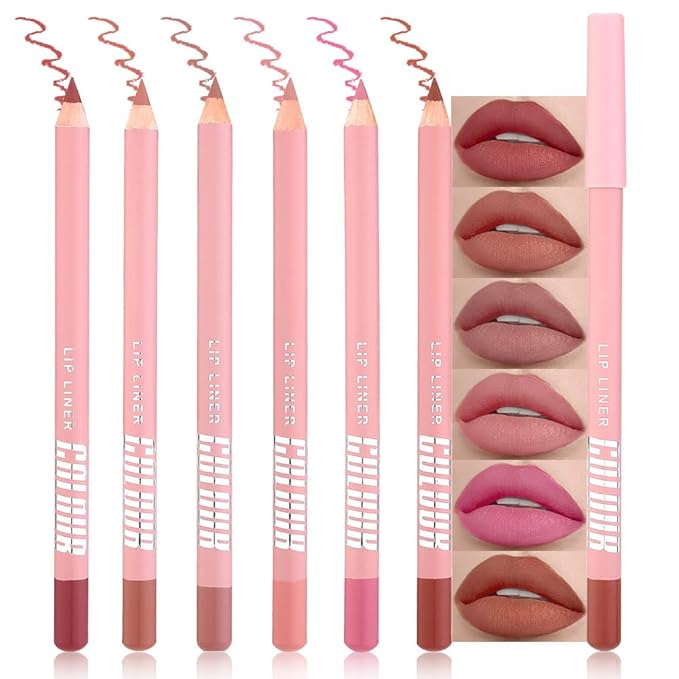 6 Pcs Natural Nude Brown Beige Colors Lip Liner Lipstick Pencils Set for Daily Makeup,Easy to Apply & Remove,Waterproof (01, pack of 6)