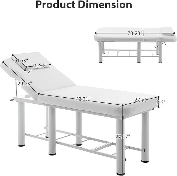 Professioanl Massage Table w/Adjustable Backrest for Treatment Table Spa Facial Bed Barber Beauty Equipment, Metal Frame PU Leather, Removable Headrest Salon Bed, White