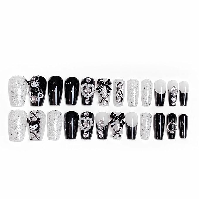 BABALAL Black Press on False Nails Medium Coffin Fake Nails Goth French Tip Glue ons Acrylic Nails Cute Bow Anime Heart Charm Design 24Pcs kawaii Luxury Bling Ballerina Manicure DIY