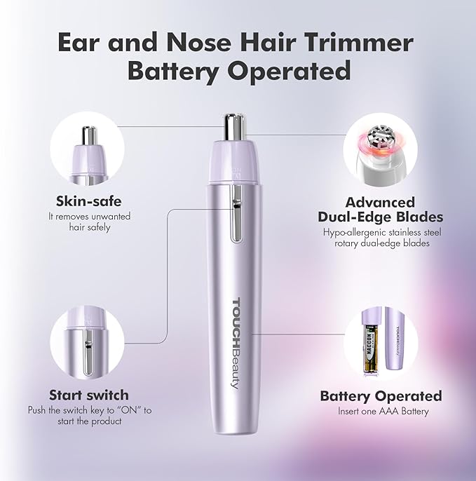 TOUCHBeauty Battery Powered Ear and Nose Hair Trimmer for Women, Portable Battery Powered Trimmer, Mini Painless Design for Sensitive Skin, Easy Clean & Travel Friendly