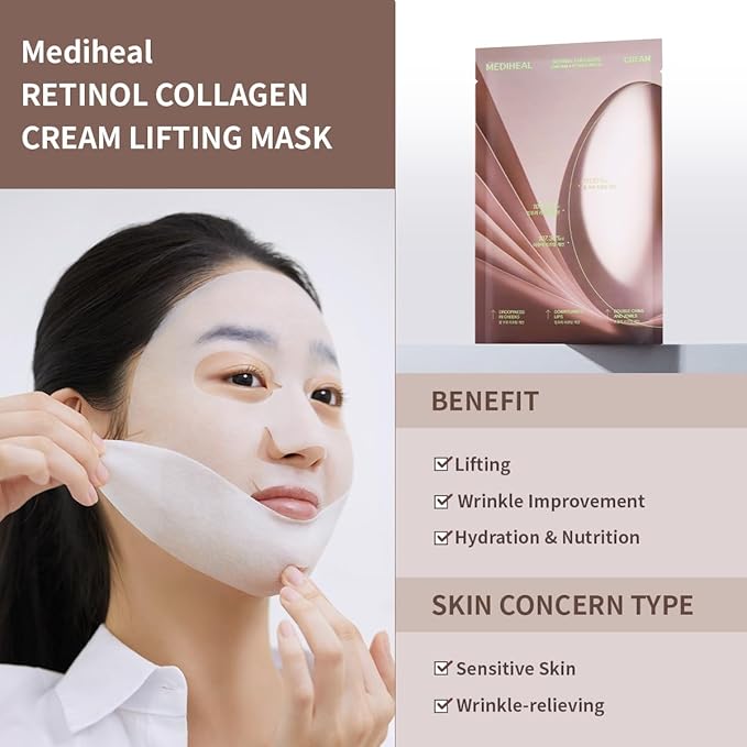 Mediheal Retinol Collagen Cream Lifting Mask (4 Counts) for V Line Mask,Anti-Aging - Helps Reduce Fine Lines & Wrinkles, and Smoothens Skin
