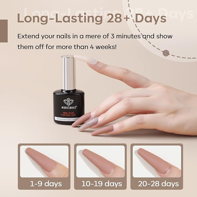 Modelones 9 in One Nail Glue Polish Set Brush On Gel Nail Glue 15ml for Rhinestone, Base Gel, Blooming Nail Art Gel Nail Kit Strengthener Treatment for Weak and Damaged Acrylic Nails U V Lamp Needed