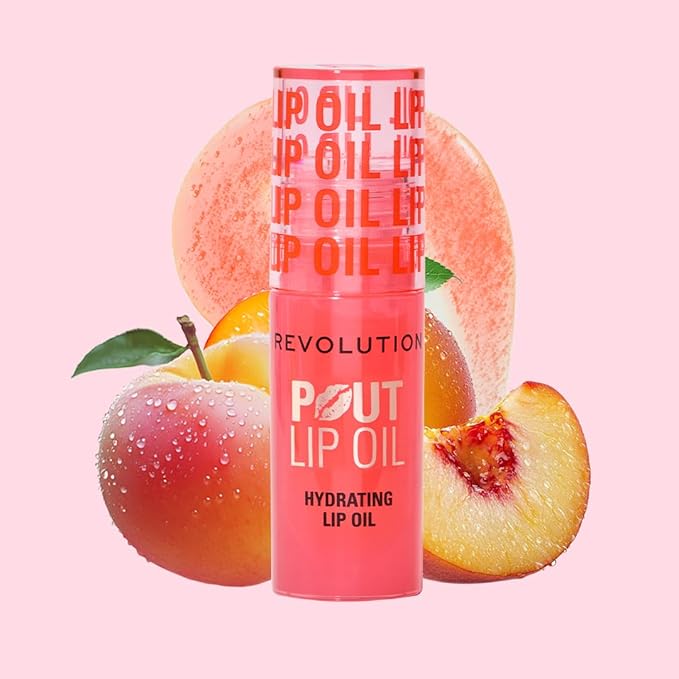 Revolution, Pout Lip Oil, Nourishing Tinted Lip Oil, High Shine, Non-Sticky Finish, Vegan & Cruelty-Free, Juicy Peach, 0.13 oz