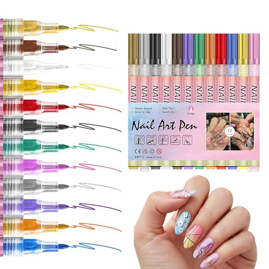 12 Colors Nail Art Pens Set, 2026 New Nail Art Pens for Painting Nails, Nail Art Markers Doodle Pen, Nail Art Tools for Dotting Drawing Painting Point Liner DIY, Quick Dry (1 Set, 0.7mm)