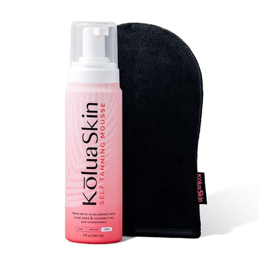 KoluaSkin by Koluawax Self Tanner Mousse (Dark) + Applicator Mitt - Natural-Looking Sunless Body Fake Tan - Dries Quickly w/No Streaks, Hydrates Skin - Dermatologist-tested for Sensitive Skin, 7oz