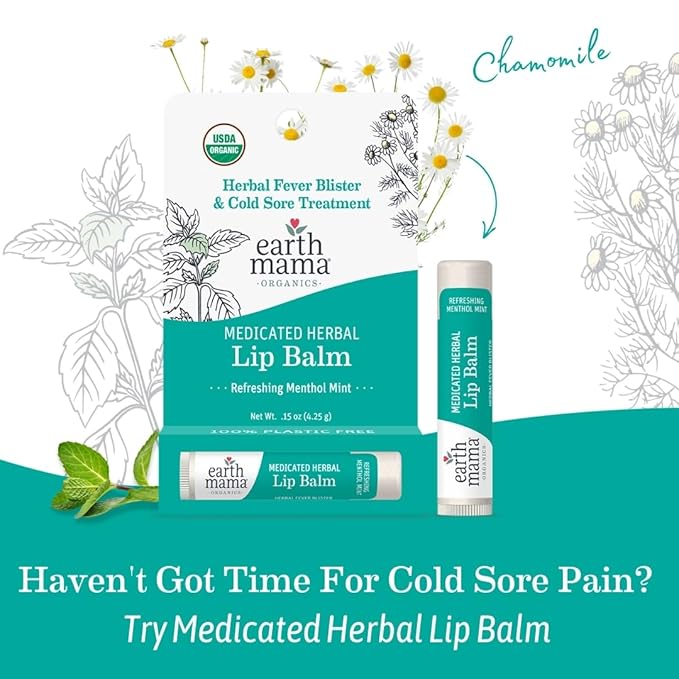 Earth Mama Medicated Lip Balm Set | Medicated Herbal Mint 4-Pack | Organic Lip Balm with Menthol for Fever Blister & Cold Sore