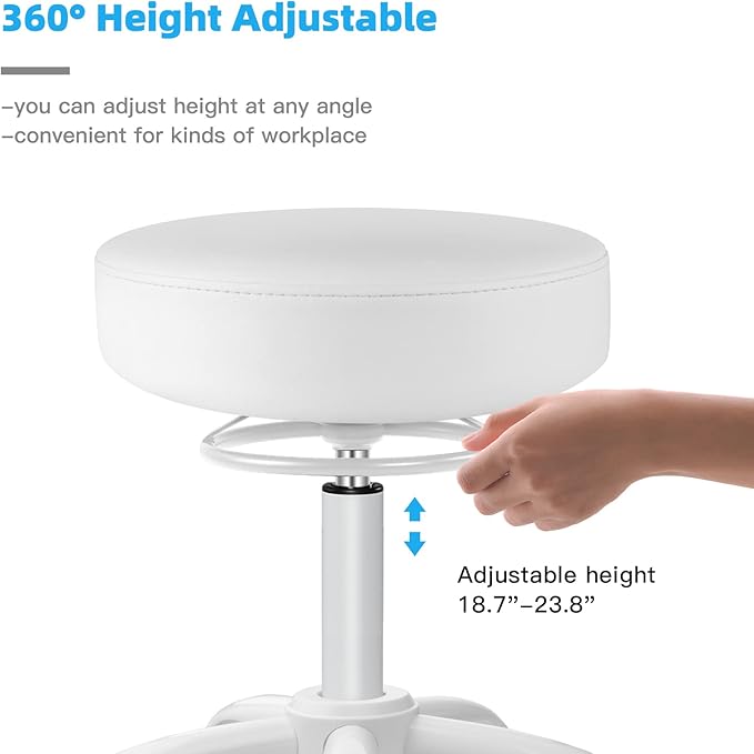Rolling Stool with Wheels 400lbs Weight Capacity,Heavy Duty Lash Chair Adjustable for Tatoo Lab Massage Salon Spa Drafting Nail Teach,360 Swivel,Leather,Thick Seat Padding (Pure White)