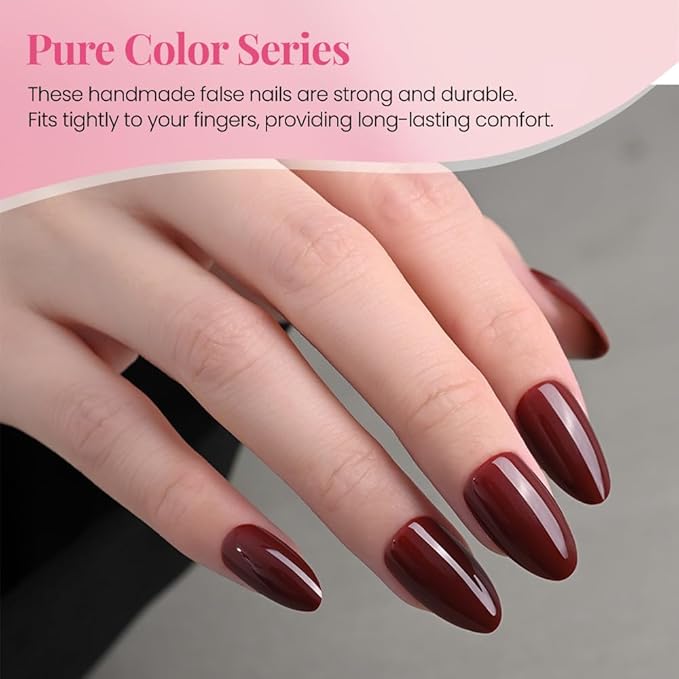 evpct Glossy Press on Nails Short Almond Short for Women, Cherry Wine Red Fake Nail with Glue Salon Quality Reusable Stick on Nails In 15 Sizes 30Pcs Full Cover False Nail Soft Gel Set Kit for Gift