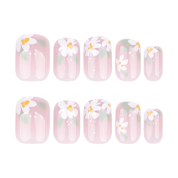 Nude Pink Press On Nails Square Short, Daisy Flower Fake Nails with White Floral Design, Natural Glossy Finish Reusable Acrylic Nails, Glue On Nail Kit for Women, 24Pcs
