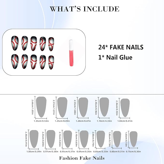 IMRAIN Press on Nails Medium Almond Fake Nails Black White Ombre False Nails with 3D Red Line Designs Full Cover Glossy Y2K DIY Nail Supplies Glue on Nails Stick on Nails for Women Girls 24Pcs