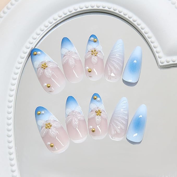 Blue Gradient French Tip Press on Nails Medium Almond Fake Nails with Pearl Gold Bead Designs Lily Flower Acrylic Nail 3D Water Ripple False Nail Summer Glue on Nails for Women Girls Manicure 24Pcs